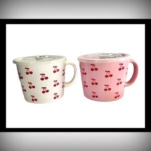 Set Of 2 Market Square Soup Mug With Lid Cherries Pink White Red New